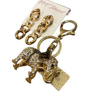 Betsey Johnson Leopard Earrings Gold and Natasha Elephant Keychain Bag Charm Set